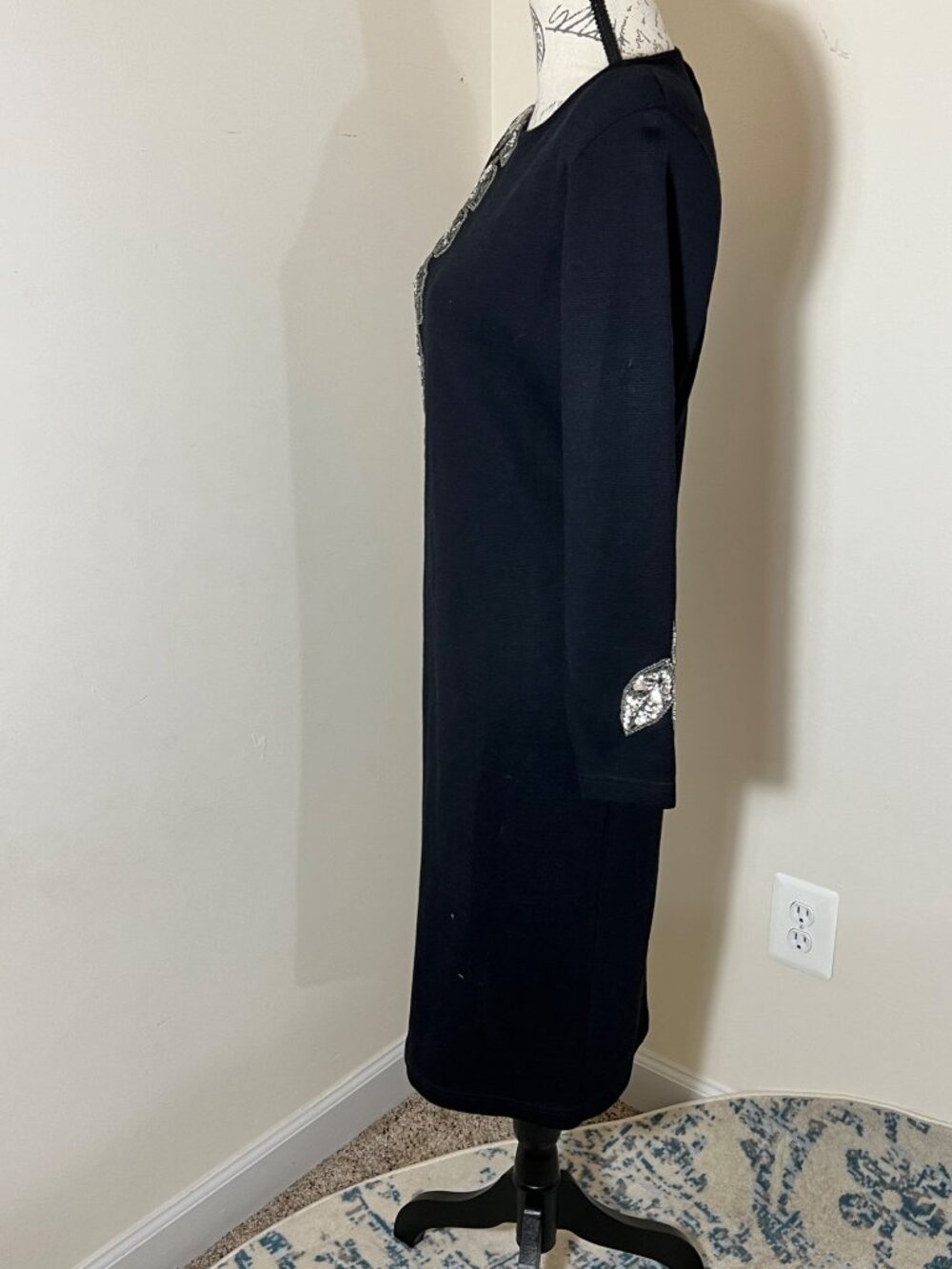 Vintage Outlander Black Sweater Dress Silver Sequin Long Sleeve Sheath Midi PS - Picture 5 of 10